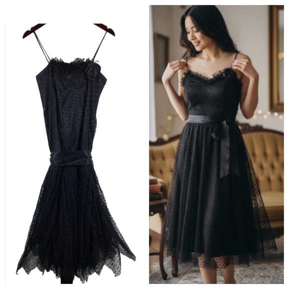 New Leaf Samir Dresses & Skirts - Vtg 70s New Leaf by Samir Dress 7/8 Medium Black Cocktail Party Tulle Evening